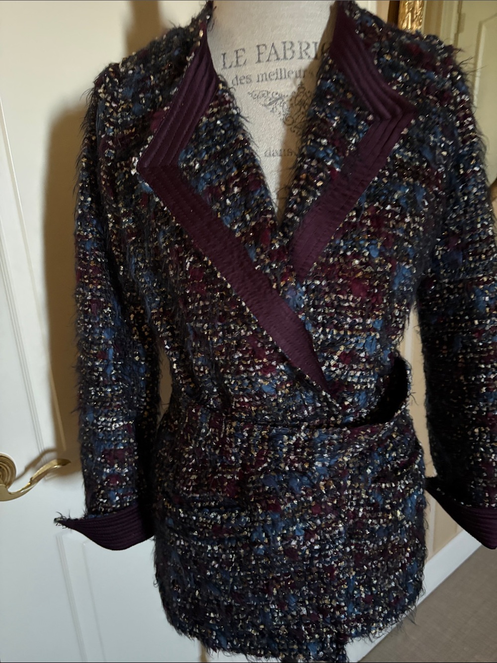 WORTH NEW YORK Burgundy Plum Tweed Boucle Jacket with belt